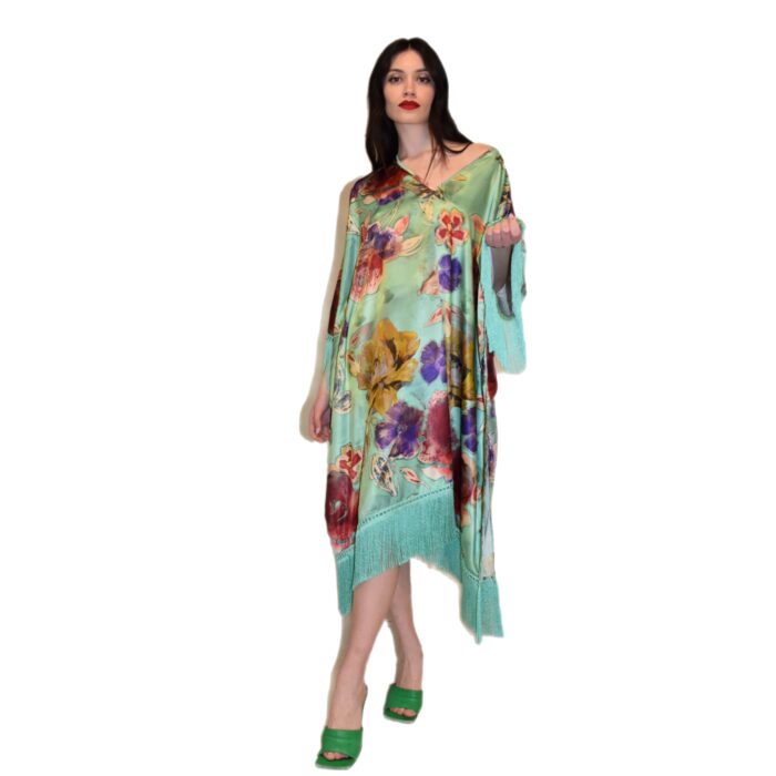 Caftano corto in raso floreale con frange ANTONELLA BRAVI