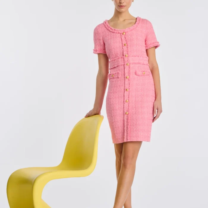 Abito svasato in tweed rosa con frange WEILL PARIS