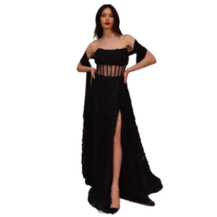 Abito lungo nero in tulle con rose glitterate META 4