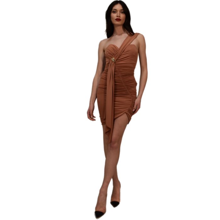 Abito corto monospalla in jersey dettaglio spilla TASSOS