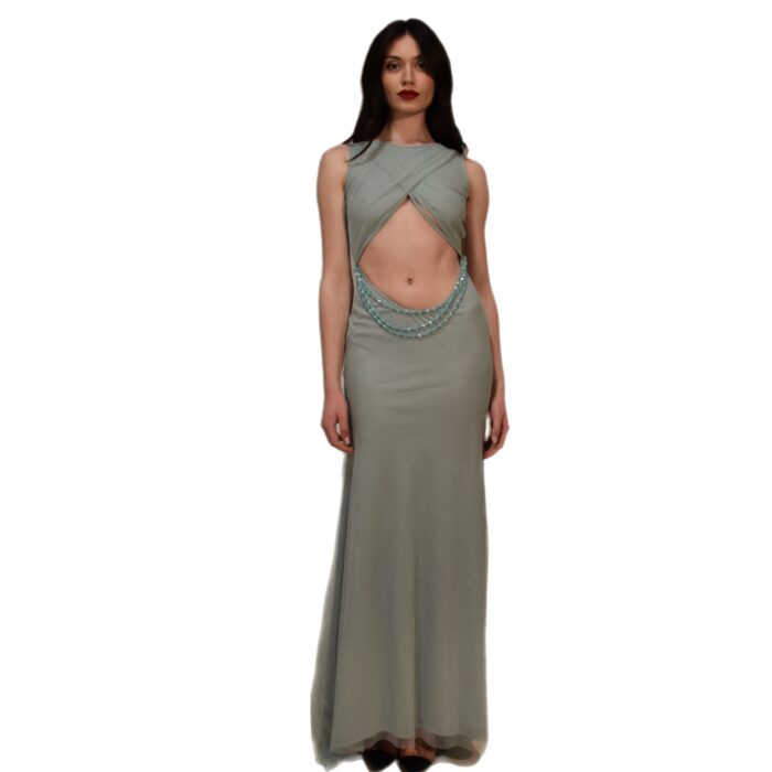 Abito lungo di tulle con cut-out e dettaglio collana VAISA