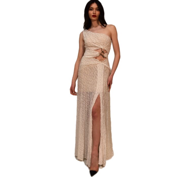 Abito lungo bianco monospalla in pizzo dettaglio spilla TASSOS