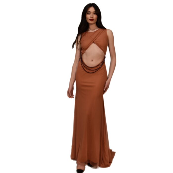 Abito lungo di tulle con cut-out e dettaglio collana VAISA