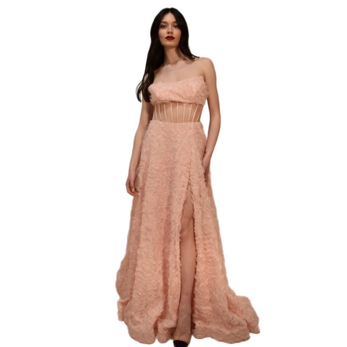 Abito lungo in tulle con rose glitterate META 4