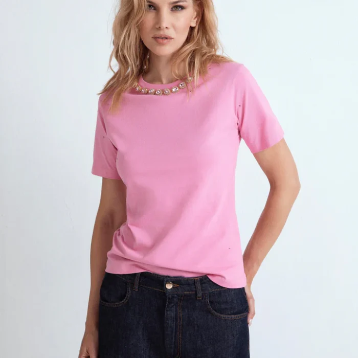 T-shirt preziosa con cristalli al collo ODI ET AMO