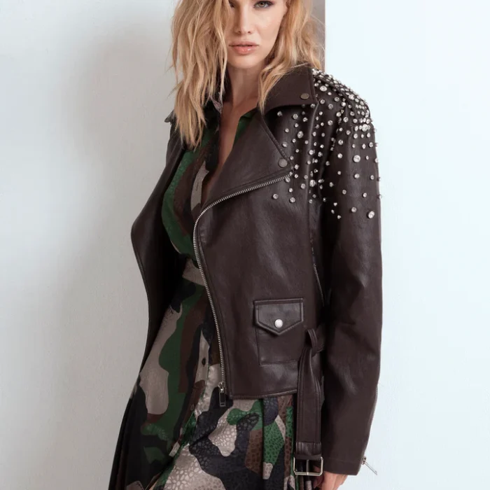 Biker in ecopelle con cristalli ricamati ODI ET AMO