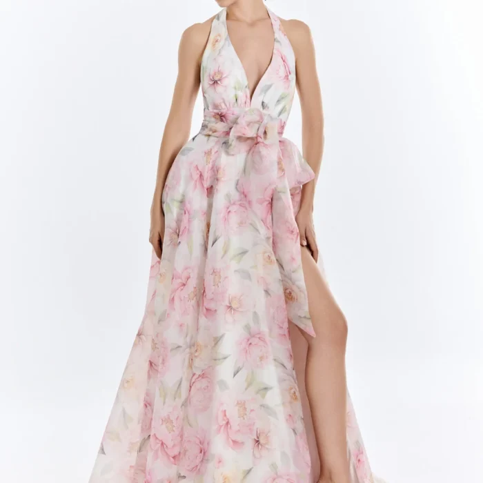 Abito lungo in organza floreale con scollo all'americana ATELIER LEGORA