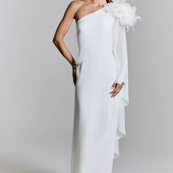 Abito lungo monospalla in cady con pannello in chiffon ATELIER LEGORA
