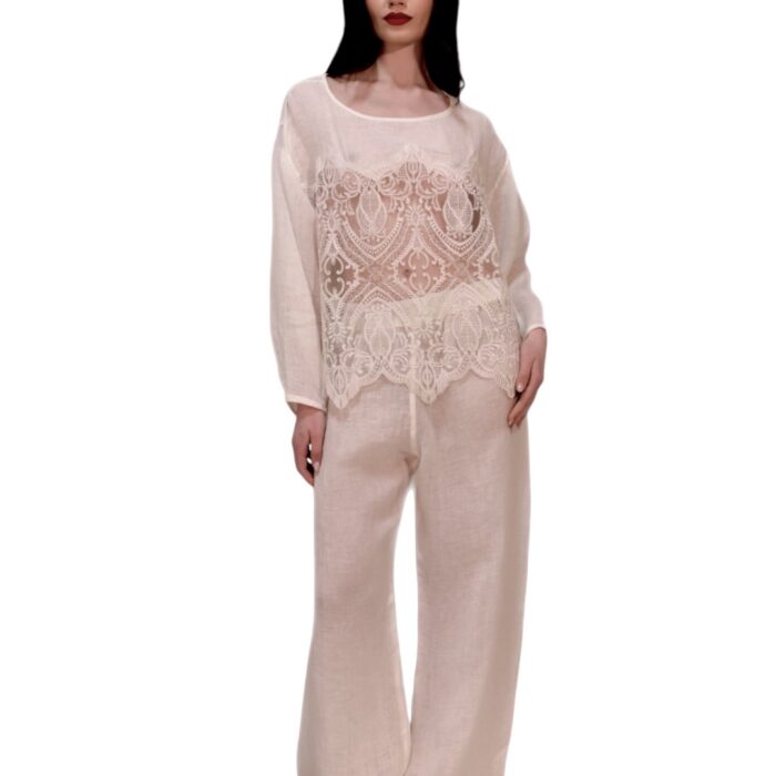 Blusa in lino con inserti in pizzo MAURIZIO