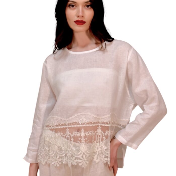 Blusa a maniche lunghe in lino con orlo in pizzo MAURIZIO
