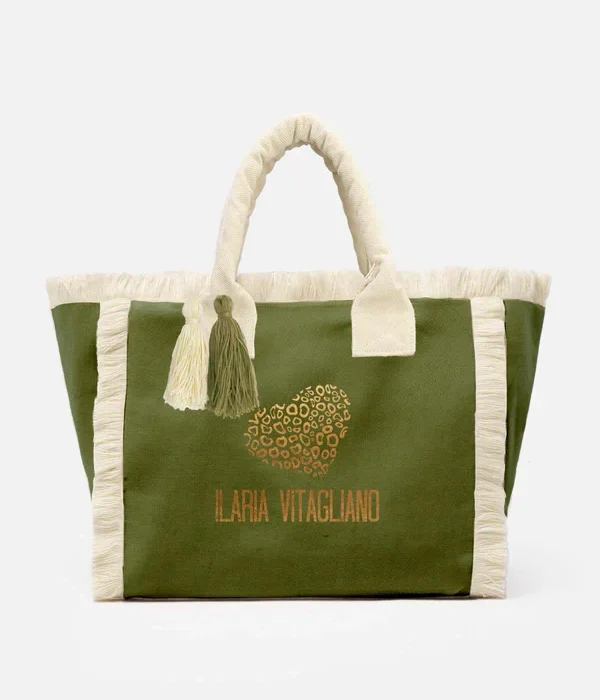 Borsa mare in canvas verde con logo ILARIA VITAGLIANO