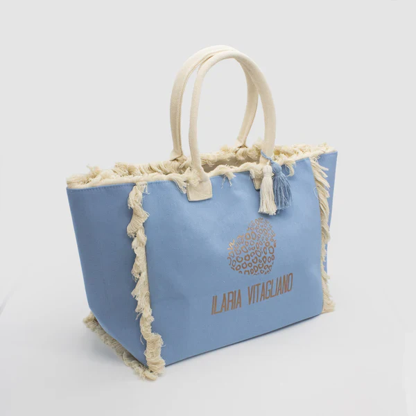 Borsa mare in canvas azzurra con logo ILARIA VITAGLIANO