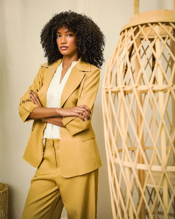 Tailleur senza bottoni in misto lino beige ANITIE’