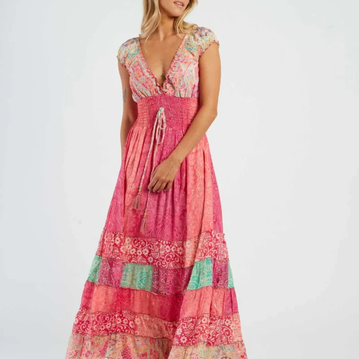 Abito lungo stampato rosa con dettagli arricciati DERHY