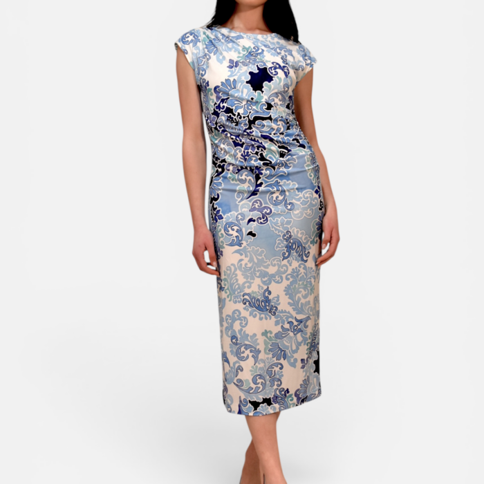 Abito in jersey stretch stampato con arricciatura laterale HALE BOB