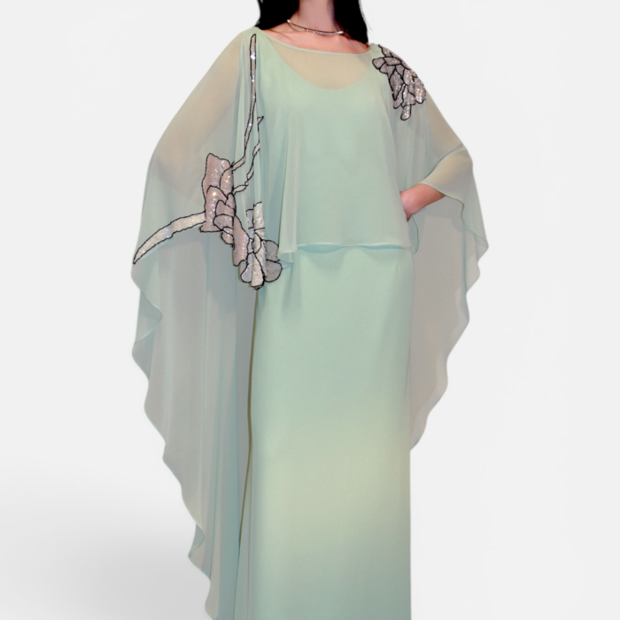Abito lungo in chiffon con cappa e ricami multicolor GIANNI MOLARO