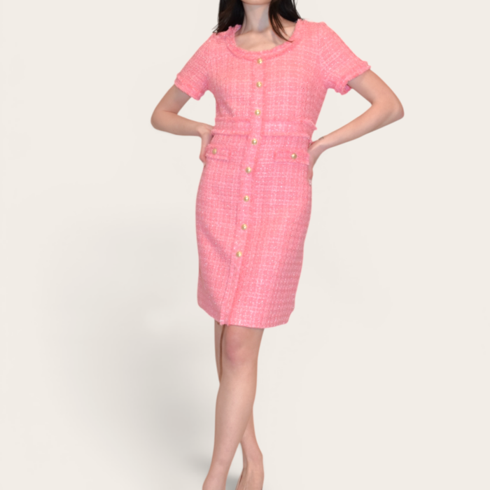 Abito svasato in tweed rosa con frange WEILL PARIS