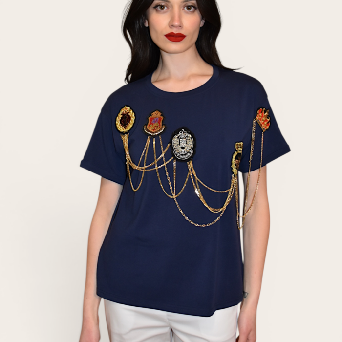 T-shirt di cotone con stemmi e catene LAFTY LIE