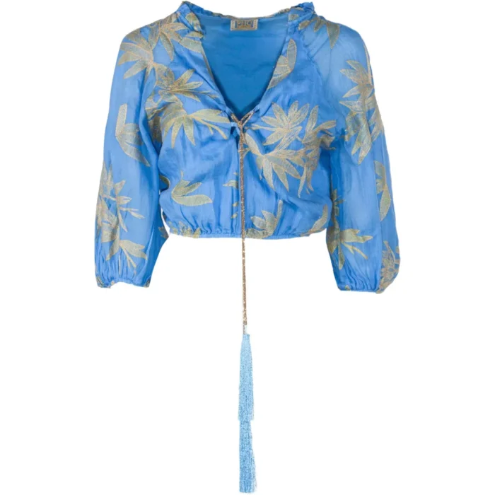 Top corto in ramie azzurro stampa foglie PHO
