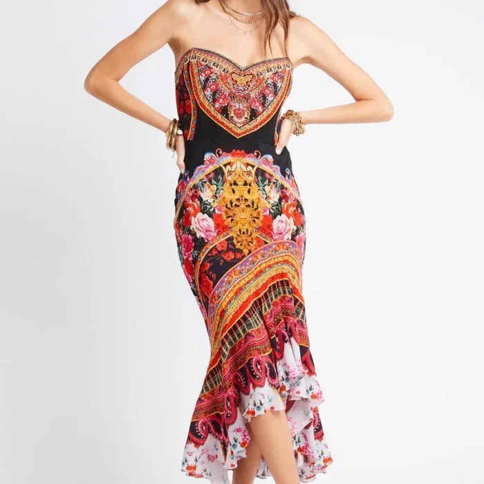 Abito senza spallini in seta stampata CZARINA KAFTANS